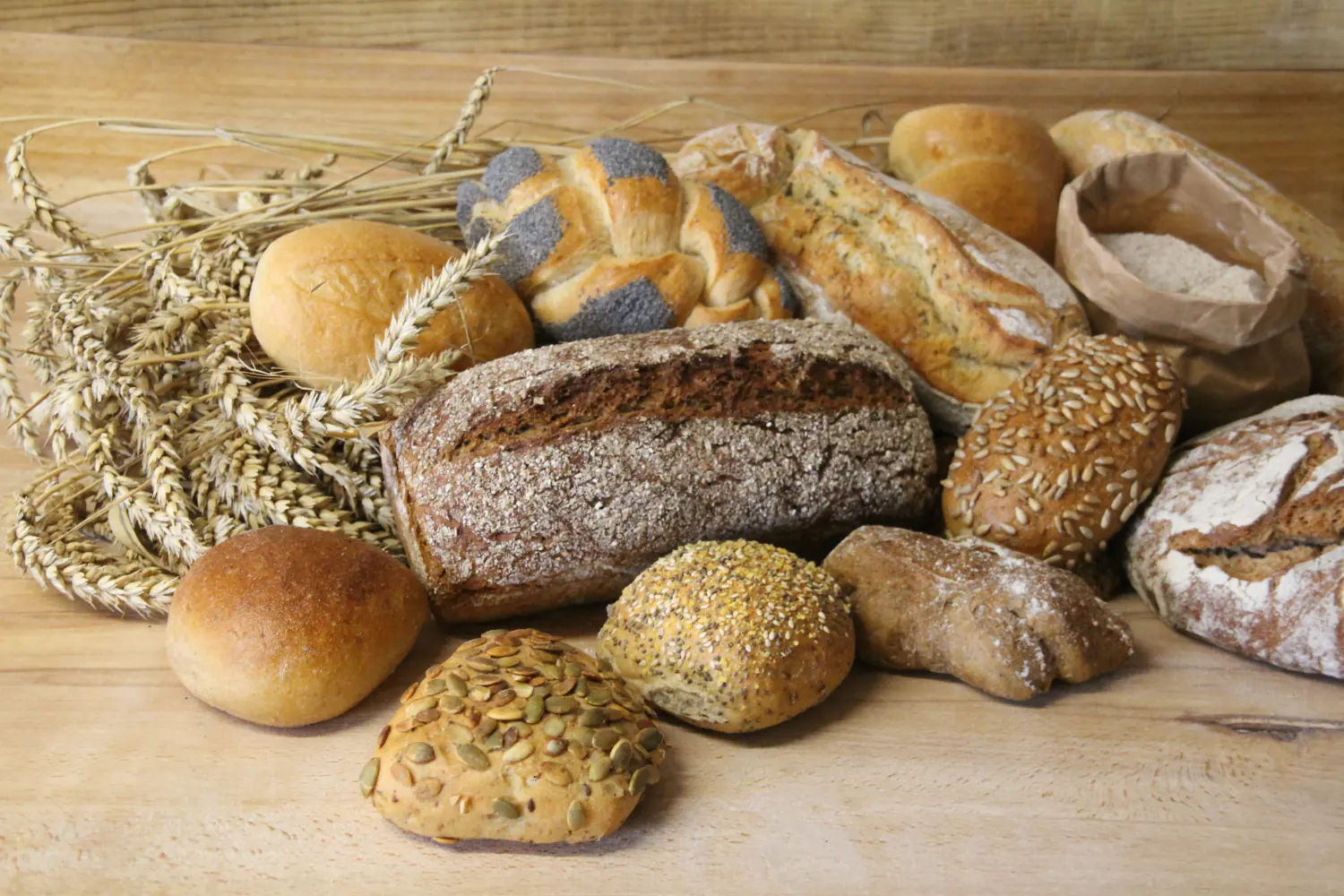 Frische Brötchen und Weizenähren in der Landbäckerei Friedrich Freital