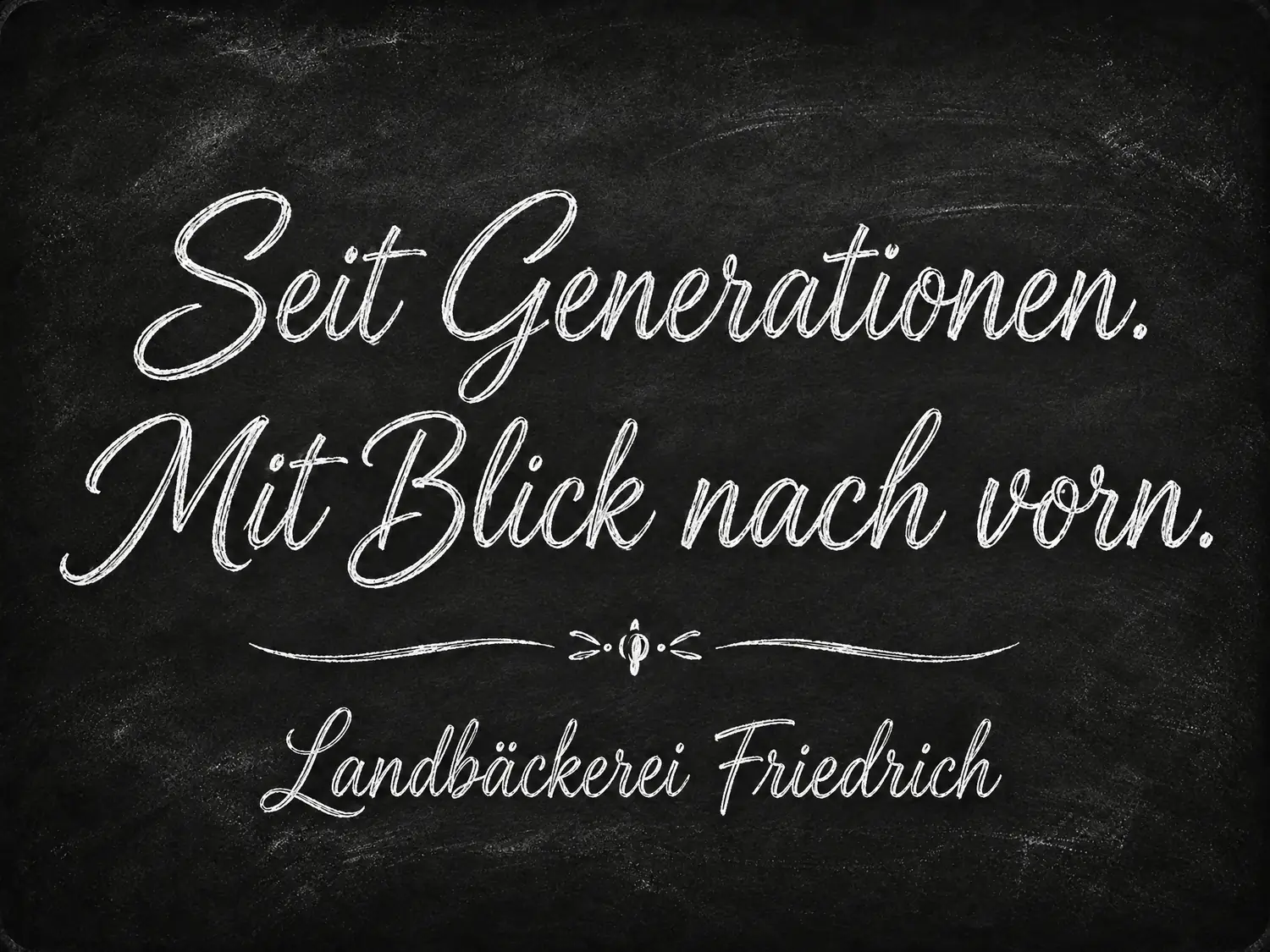 Seit Generationen, mit Blick nach vorn, Leitsatz der Landbäckerei Friedrich auf einer Kreidetafel